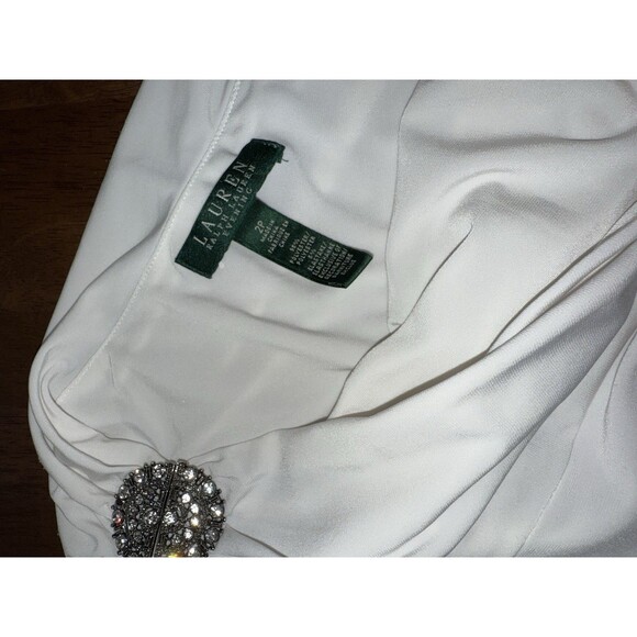 Lauren Ralph Lauren White Ruched One Shoulder Gown Crystal Brooch 2P Petite - Picture 9 of 15